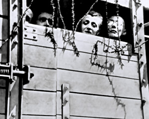 Jewish women peer through the barbed wire from a railway cattle car transporting them across Europe to a Nazi death camp during the Second World War.