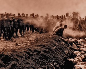 Nazi Einsatzgruppen executioners shooting innocent Jewish people during their season of brutal holocaust of Jewish populations across eastern Europe during World War Two.