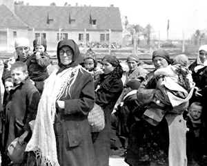 These Hungarian Jewish women and children are unwittingly walking straight to the Crematorium 3 gas chambers contained in the building visible in the background. There they were to be gassed by the Nazis, immediately after they had disembalked from the railway cattle cars at the Auschwitz-Birkenau death camp in Poland in 1944.